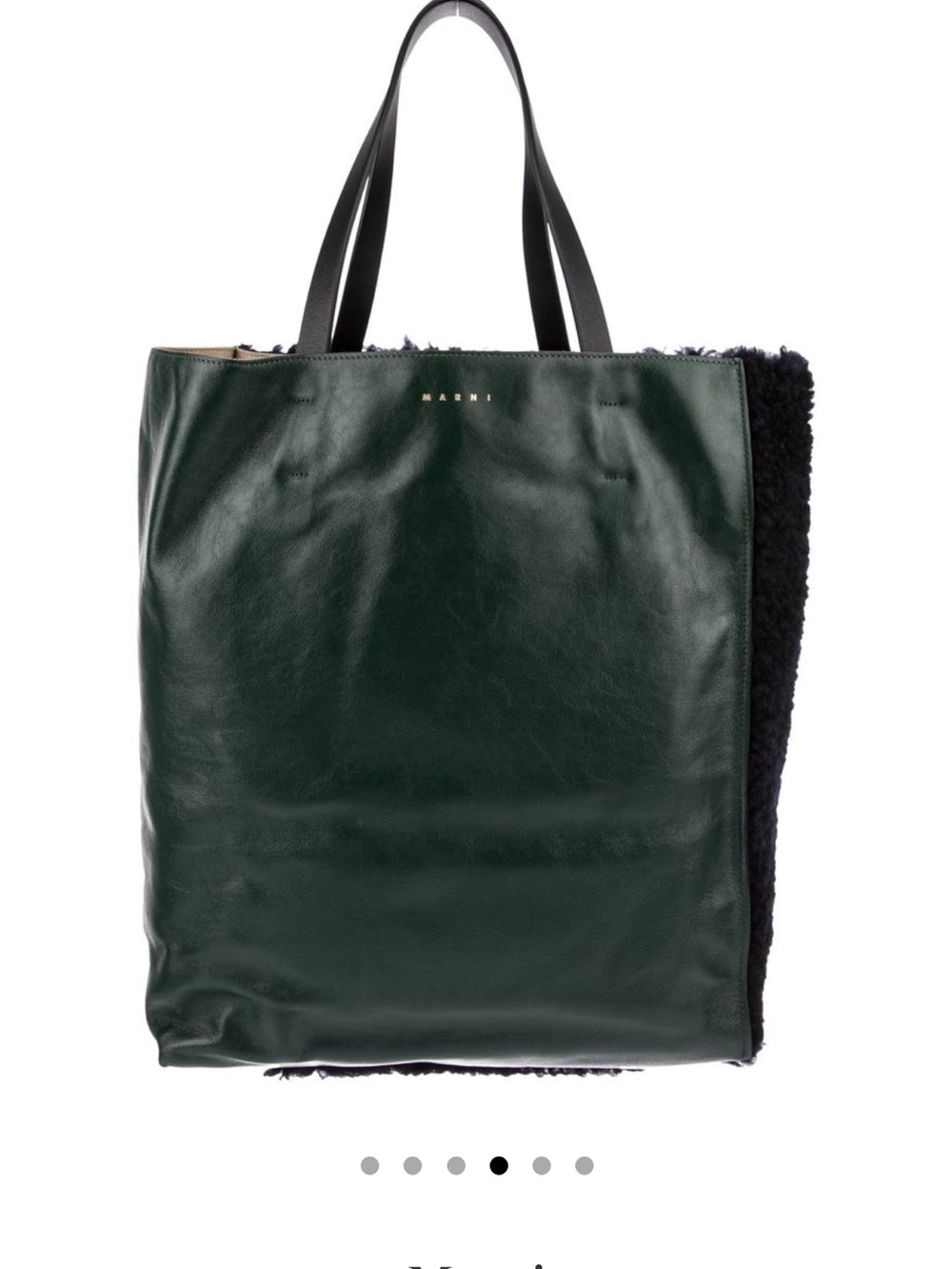 Marni Green Leather Tote with Navy  Shearling Trim